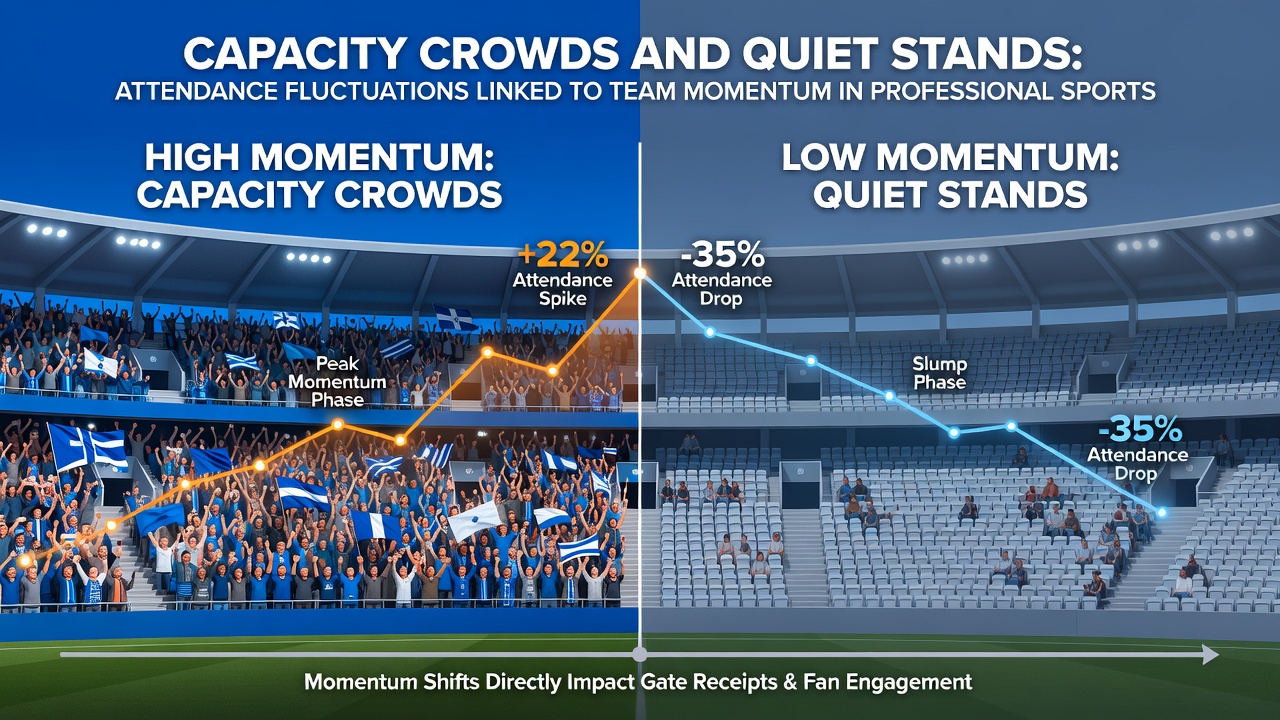 Side-by-side view of a packed professional arena and a sparsely attended game reflecting momentum changes