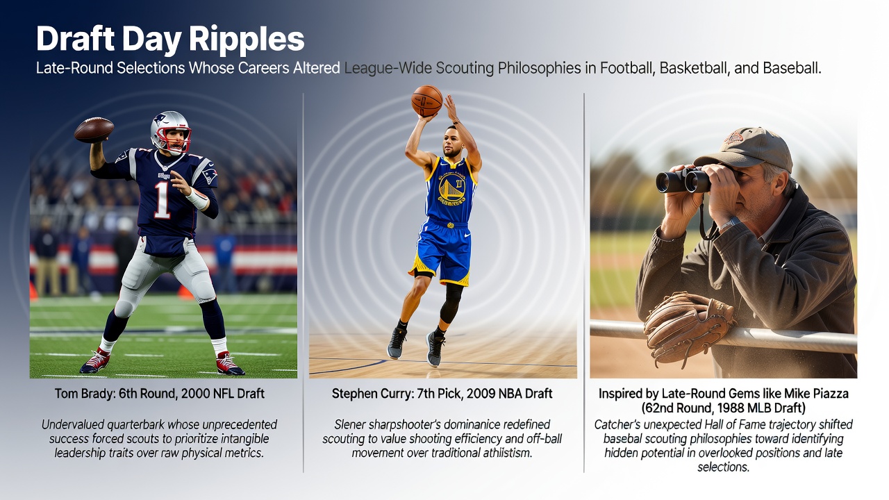 Illustration of draft day moments highlighting late-round selections across major sports leagues