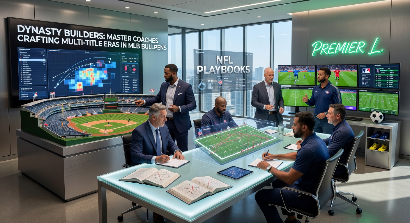 NFL offensive coordinator reviewing playbook diagrams with quarterbacks on the sideline during a high-stakes playoff game, illustrating the intricate designs that powered dynasty-level scoring explosions