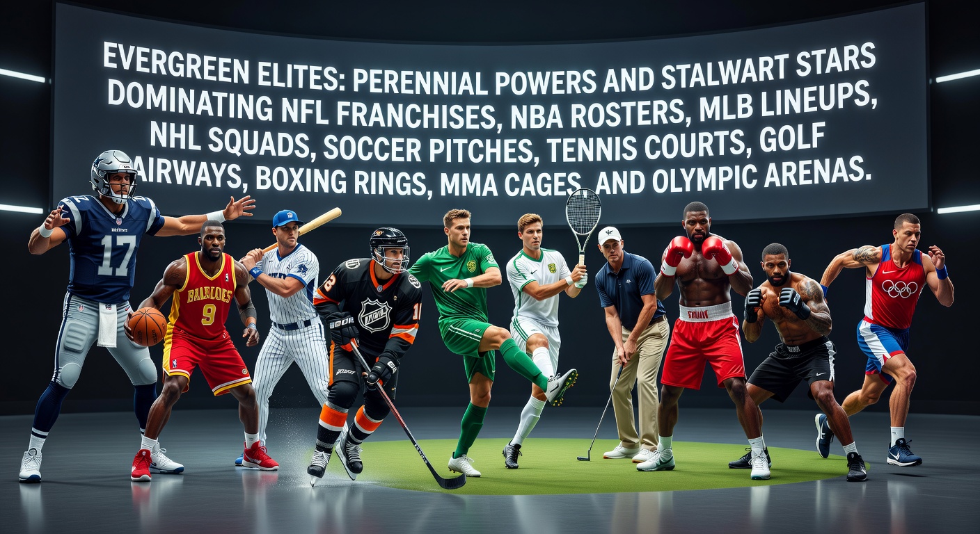 Dynamic collage showcasing perennial sports stars and powerhouse teams across NFL, NBA, MLB, NHL, soccer, tennis, golf, boxing, MMA, and Olympics, capturing their enduring dominance on the field