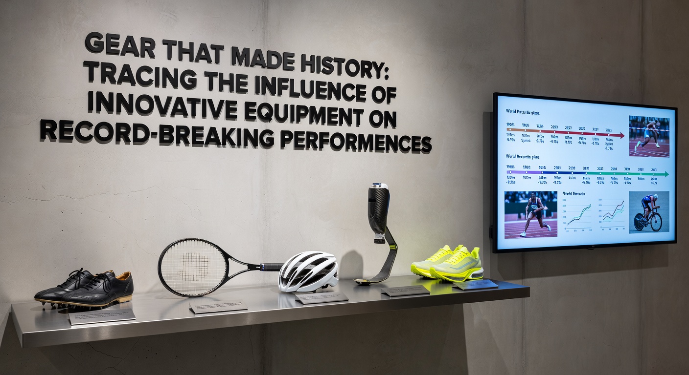 Historical sports equipment evolution display showing early and modern athletic gear side by side