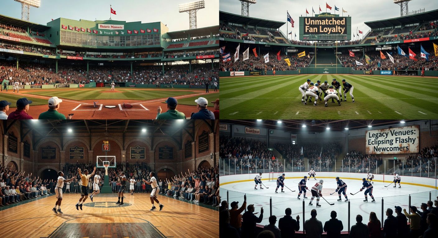 Historic baseball park with packed stands during a twilight game, showcasing weathered brick architecture and loyal fans in vintage team gear