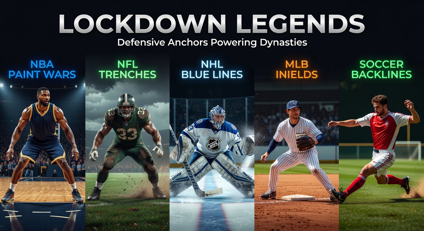 Collage of iconic defensive players anchoring their teams across NBA, NFL, NHL, MLB, and soccer, from paint protectors to blue-line enforcers