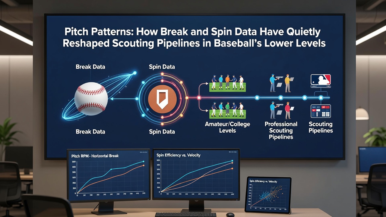 Pitching coach analyzing spin rate graphs alongside a young prospect on the mound