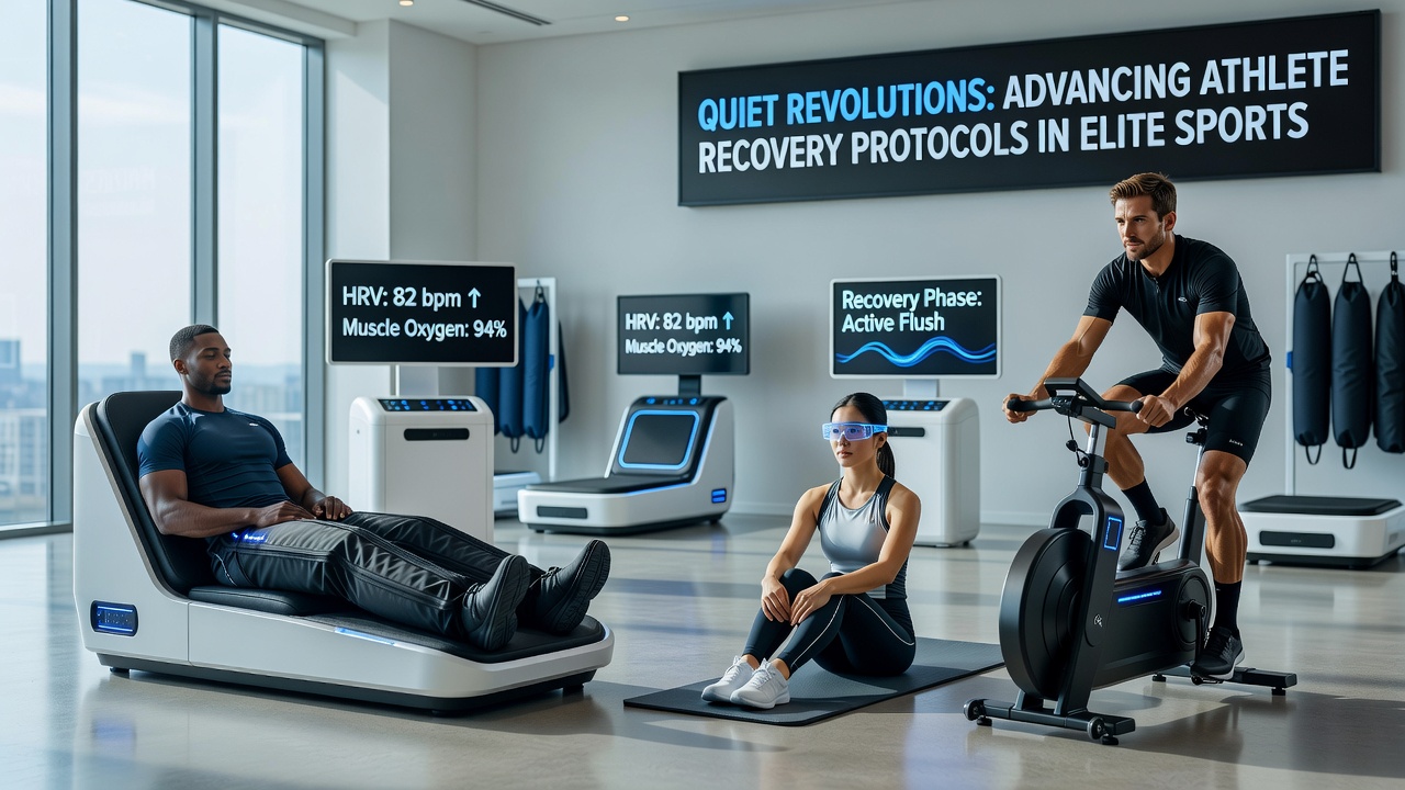 Athletes undergoing advanced recovery protocols in a modern training facility with biometric monitoring equipment