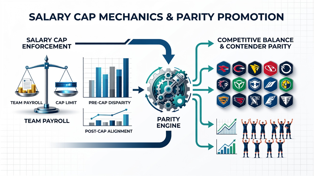 Chart showing win percentage distribution before and after salary cap implementation in the NFL and NHL demonstrating increased competitive balance