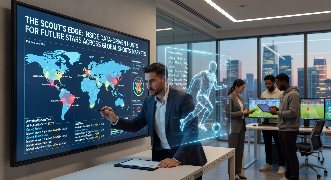 Data analysts reviewing player metrics on screens in a modern scouting facility