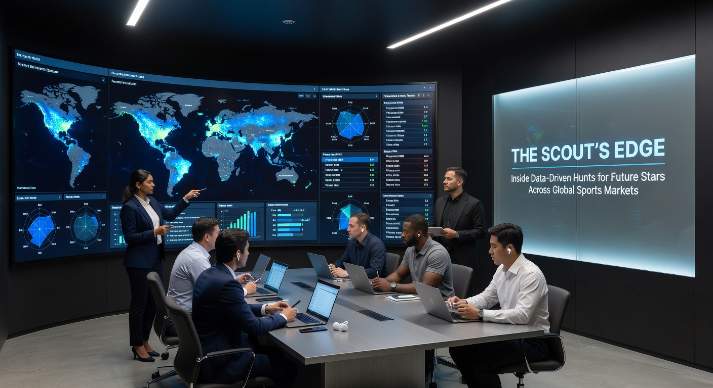 Global scouting team analyzing international prospect data on multiple monitors