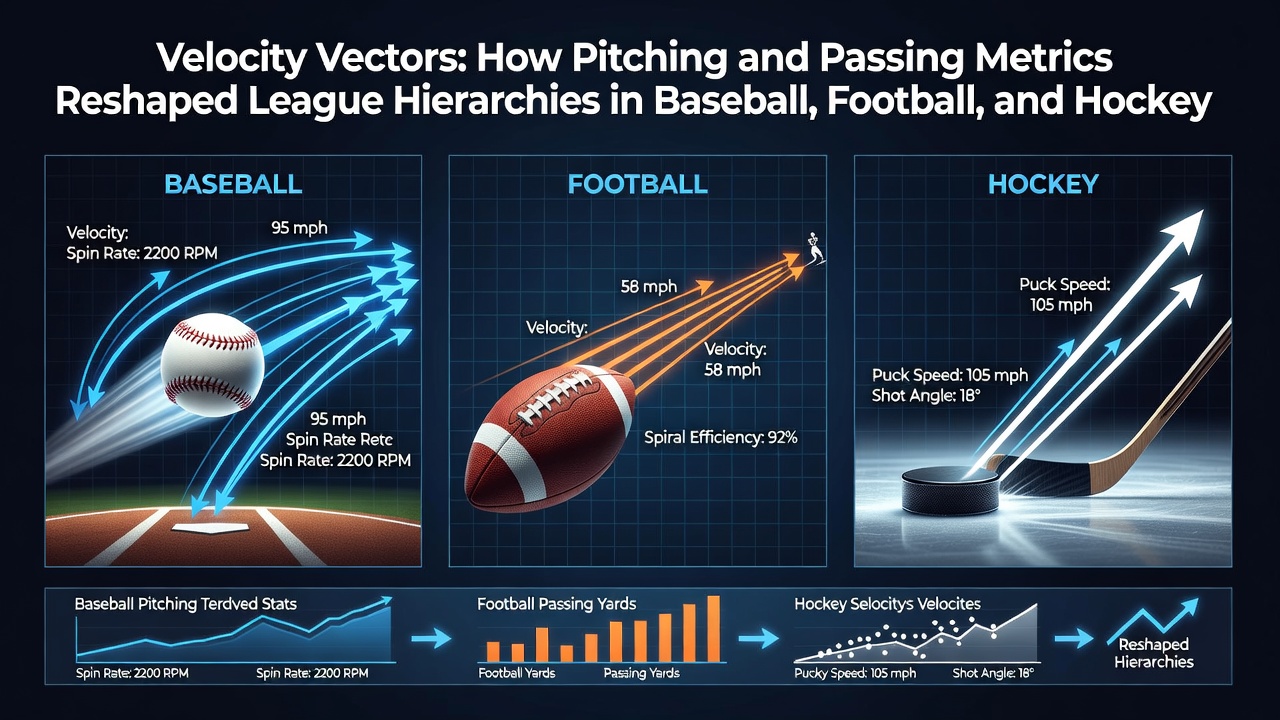 Visual representation of velocity vectors in baseball pitching, football passing, and hockey shots with data overlays